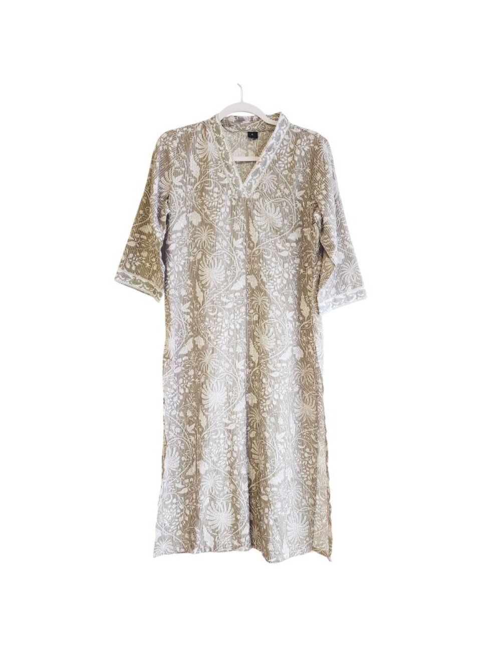 Floral Beige White Kurta Pant Set Lace Trim Details Size Ethnic Lightweight